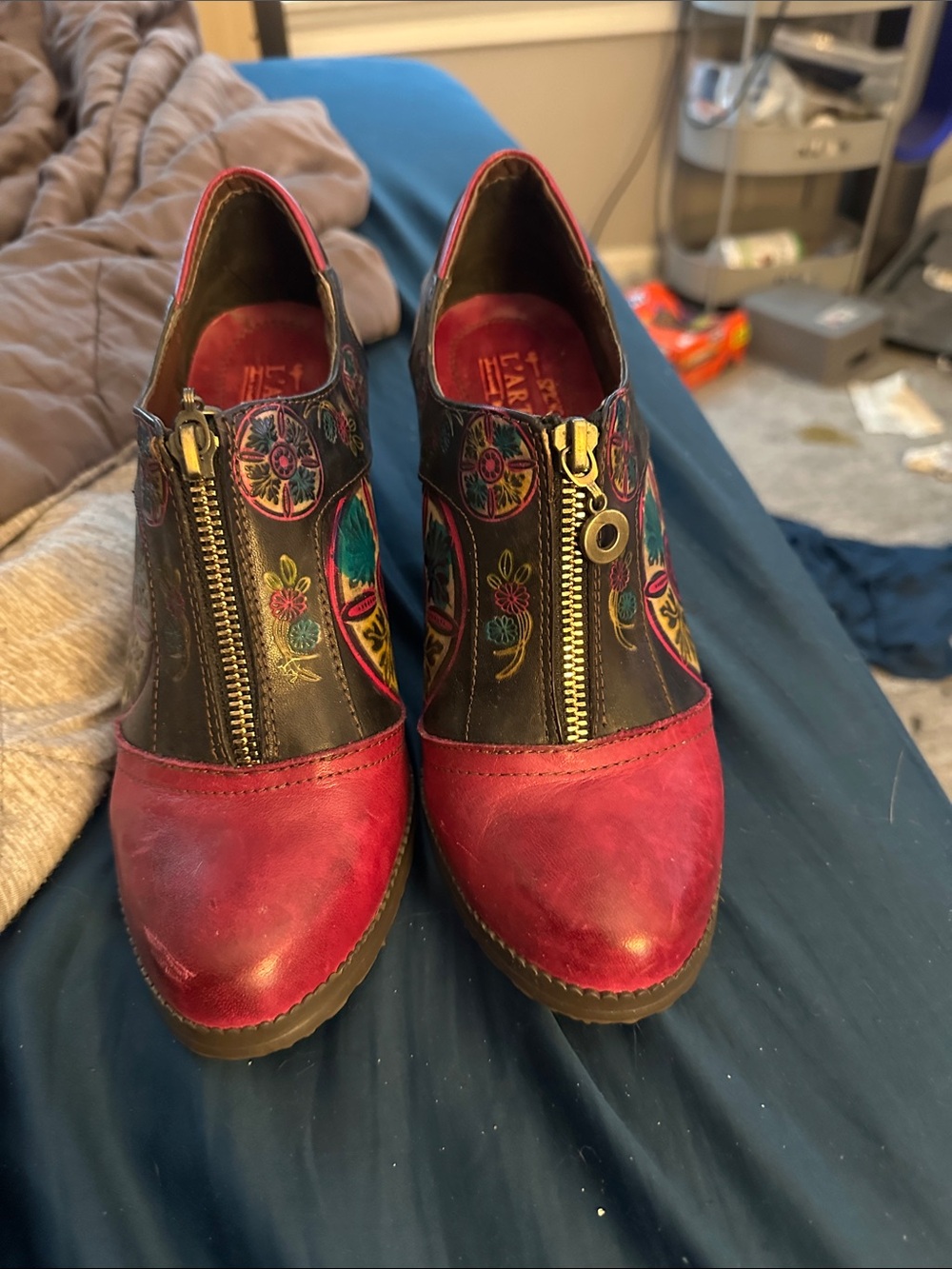 Spring Step Red and Black Floral Embroidered Zip-Front Heeled Booties
